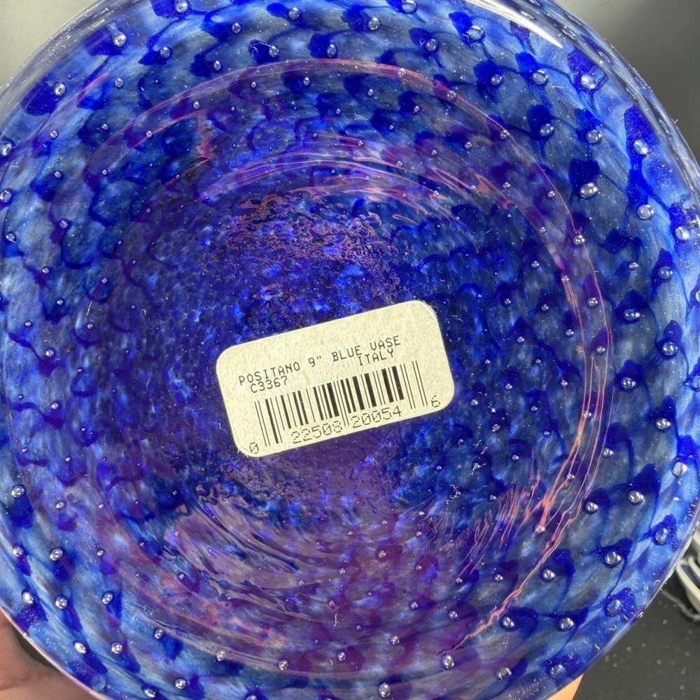 Positano Italy Blue White Art Glass Vase 9 Inch Tapered Honeycomb Pattern Vessel
